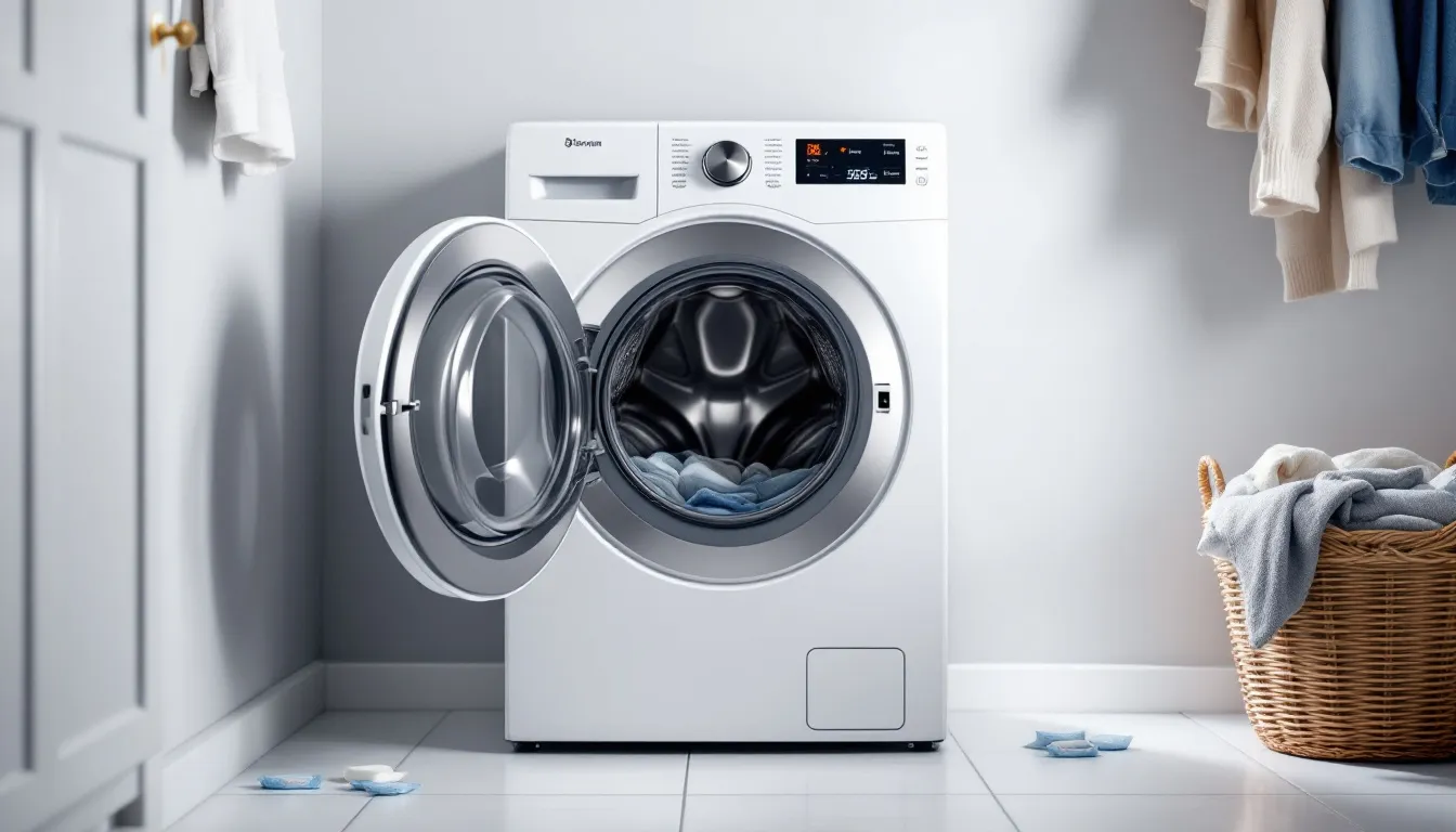 . The image depicts a person cleaning a washing machine, focusing on the interior of the drum. They are using vinegar and baking soda to eliminate unpleasant odors and residues, highlighting the importance of regular cleaning of the washing machine to maintain its efficiency and extend its lifespan.