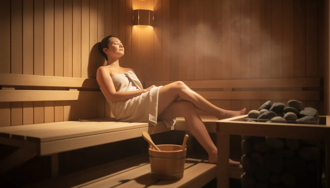 A person is seen relaxing peacefully in a wooden sauna, illuminated by gentle lighting that creates a calming atmosphere. This infrared sauna session promotes deep relaxation, enhances blood flow, and supports the body's natural detox processes by helping to eliminate toxins and reduce stress.