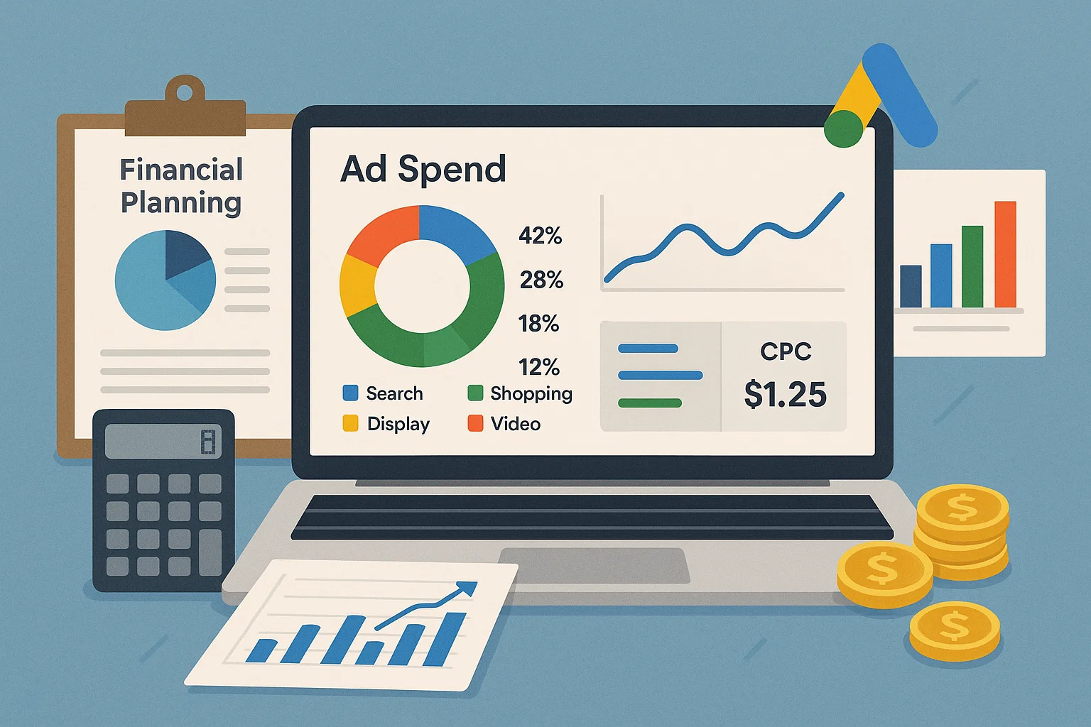 Google Ads campaign dashboard showing CPC and ad spend statistics.