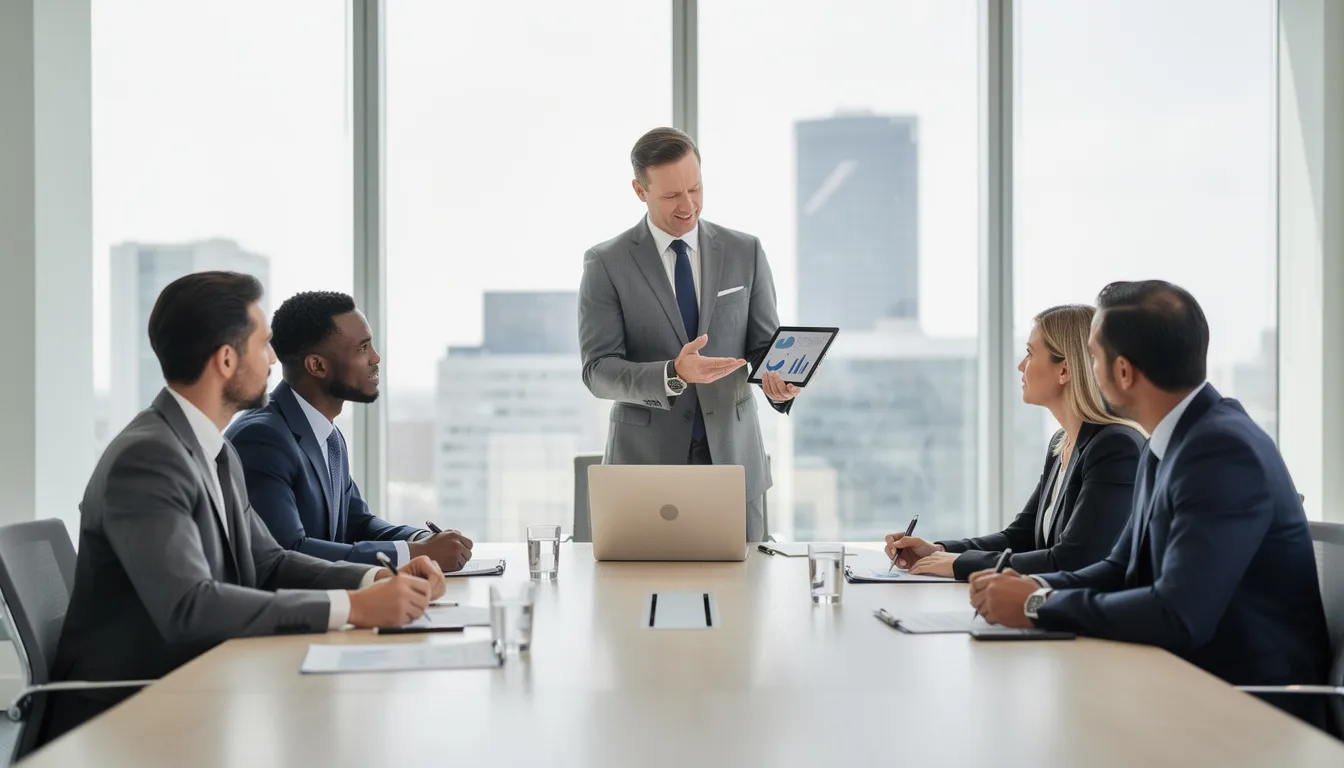A professional business consultation meeting takes place in a bright, modern office space, featuring a diverse team of individuals engaged in real-time collaboration around a large table, discussing strategies for optimizing their business website and enhancing their online presence. The atmosphere is dynamic and focused, with digital devices and marketing materials visible, emphasizing the importance of effective communication and integration of services in today's business landscape.