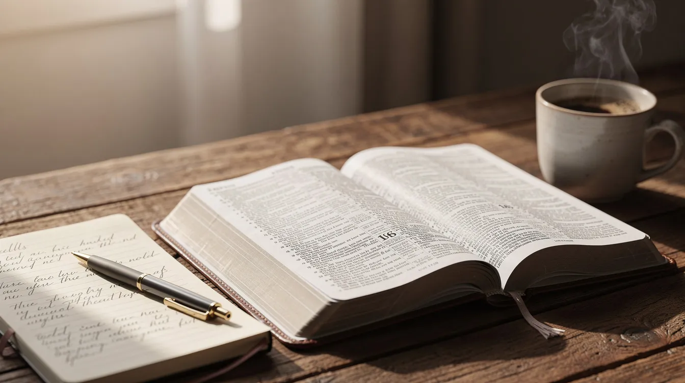 An open Bible lies on a wooden table, accompanied by a steaming cup of coffee and a journal filled with handwritten notes, inviting a moment of reflection and spiritual discipline. This scene embodies the pursuit of truth and understanding, encouraging a curious exploration of scripture and faith.
