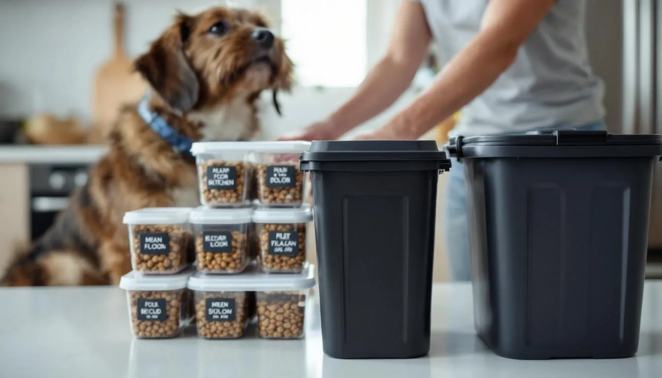 A responsible dog owner is seen properly storing pet food in sealed containers and securing garbage areas to prevent their dog from accessing potentially harmful items. This proactive approach helps to avoid issues like dog vomiting, frequent diarrhea, and other gastrointestinal problems that may require veterinary attention.