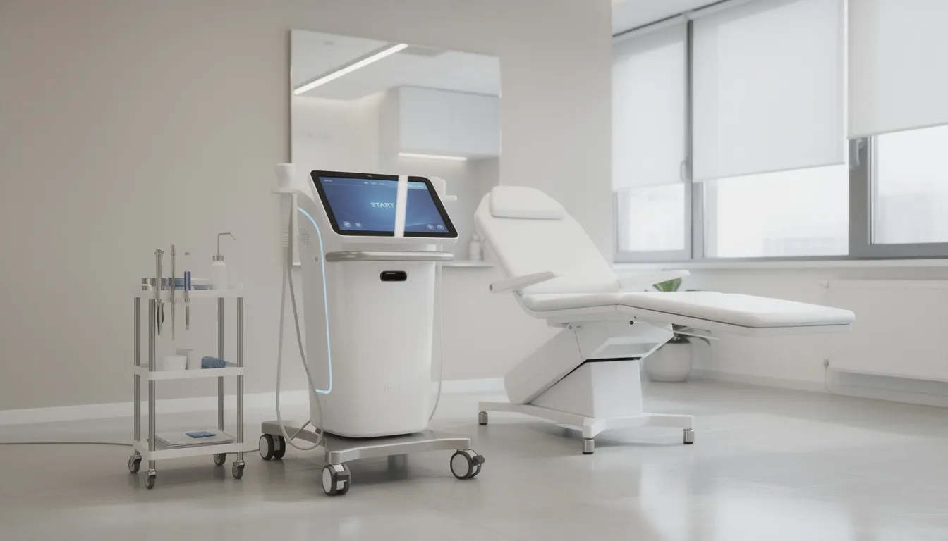 Na zdjęciu znajduje się nowoczesne urządzenie medyczne w gabinecie klinicznym, które służy do laserowego zamykania naczynek krwionośnych. Urządzenie emituje wiązki lasera, które są wykorzystywane w zabiegach usuwania popękanych naczynek na nogach, co przyczynia się do poprawy estetyki skóry pacjentów.