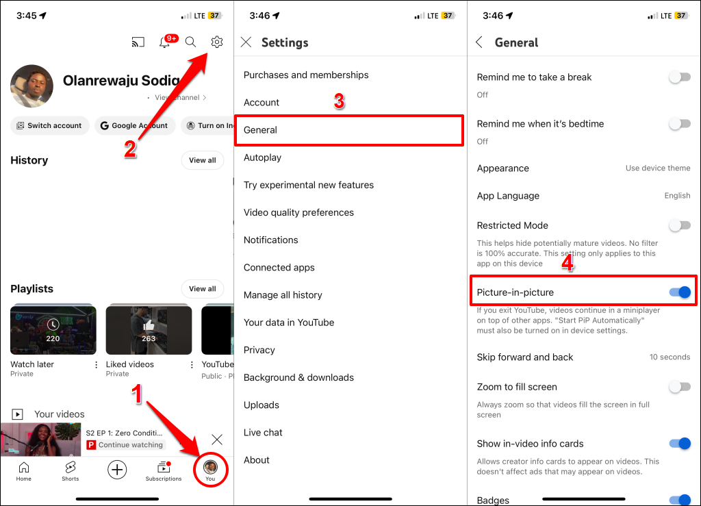Steps for turning on Picture-in-picture in the YouTube iOS app