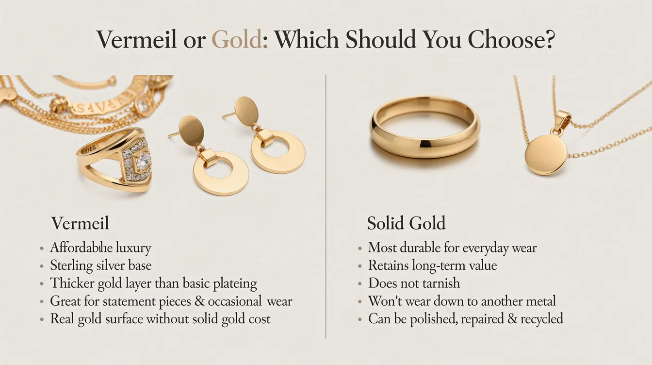 The image compares vermeil and solid gold jewellery, highlighting the luxurious look of gold vermeil pieces with a sterling silver base, and the durability and long-term value of solid gold items. It features various jewellery types like earrings, rings, and necklaces, showcasing the differences in quality and affordability between gold plated options and solid gold pieces.