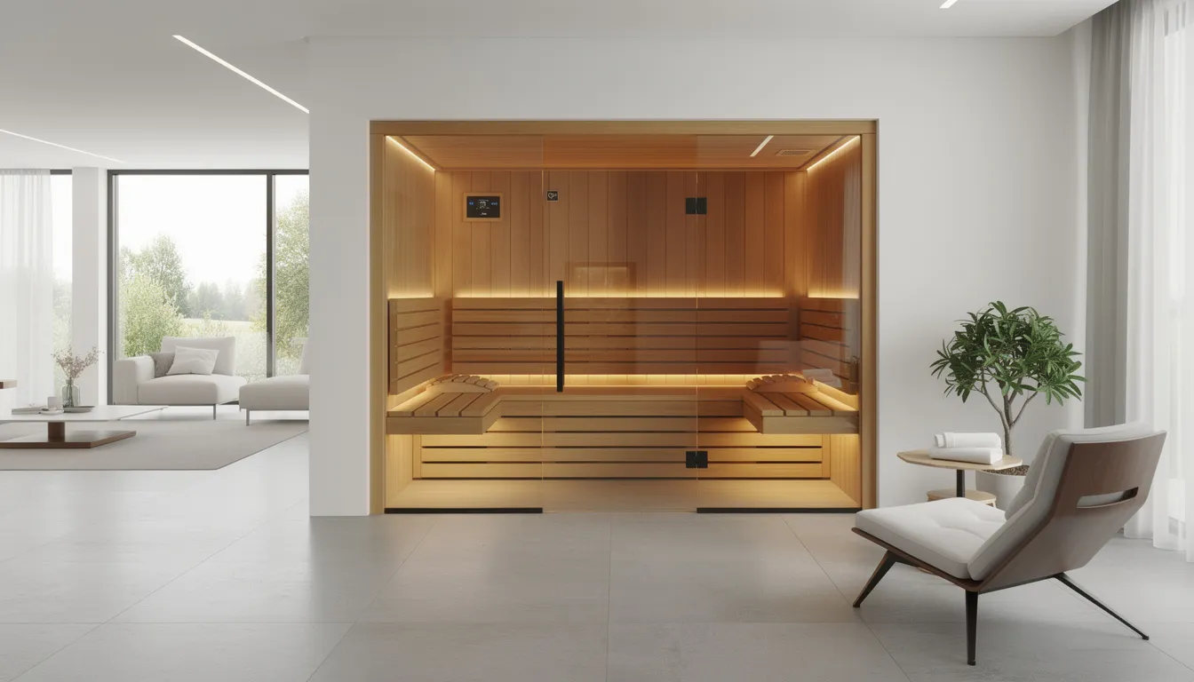 The image depicts a luxurious wooden infrared sauna cabin, elegantly integrated into a modern home interior characterized by clean lines and a sophisticated design. This sauna offers a relaxing space for infrared sauna therapy, promoting weight loss and overall health benefits through its radiant heat and improved blood circulation.