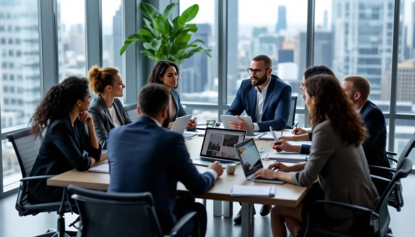 The image depicts a group of expert immigration consultants engaged in a discussion about the Express Entry program, emphasizing the importance of professional guidance in the Canada immigration process. They are reviewing documents and sharing insights on eligibility criteria for skilled immigration, showcasing their role as licensed immigration consultants in Oman.