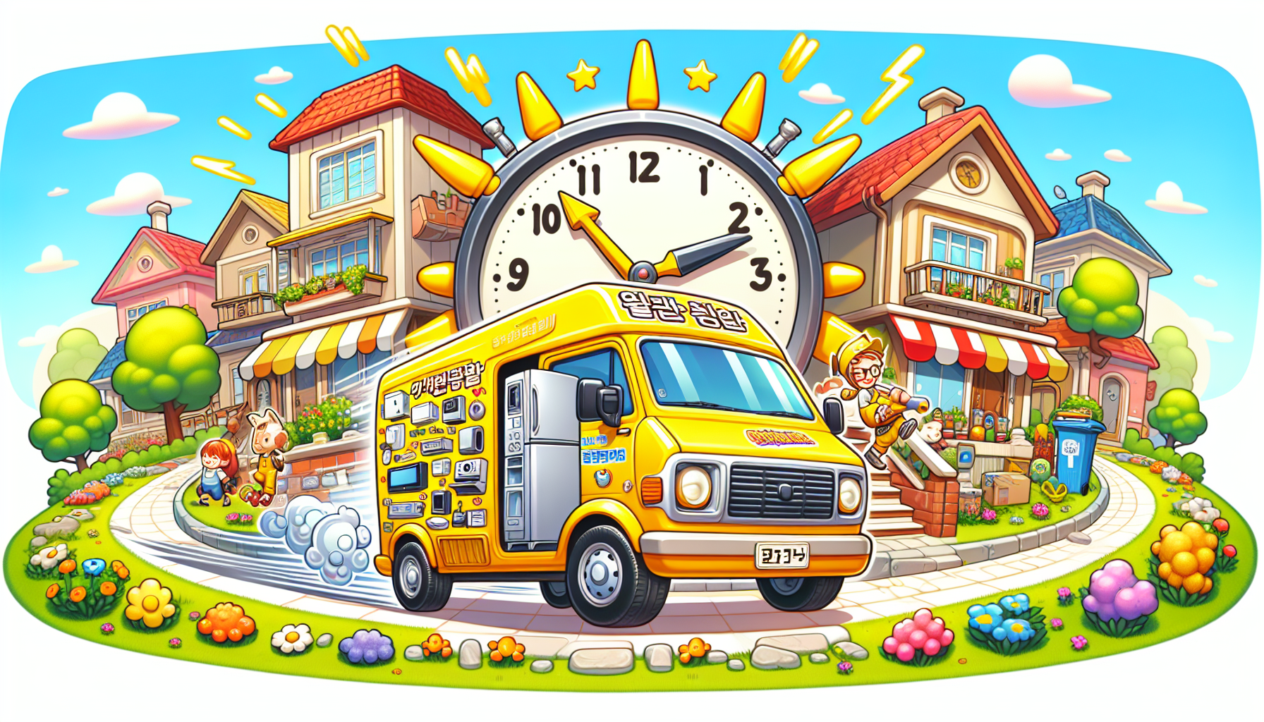 An illustration representing fast appliance repair services, showing a clock and a repair van.