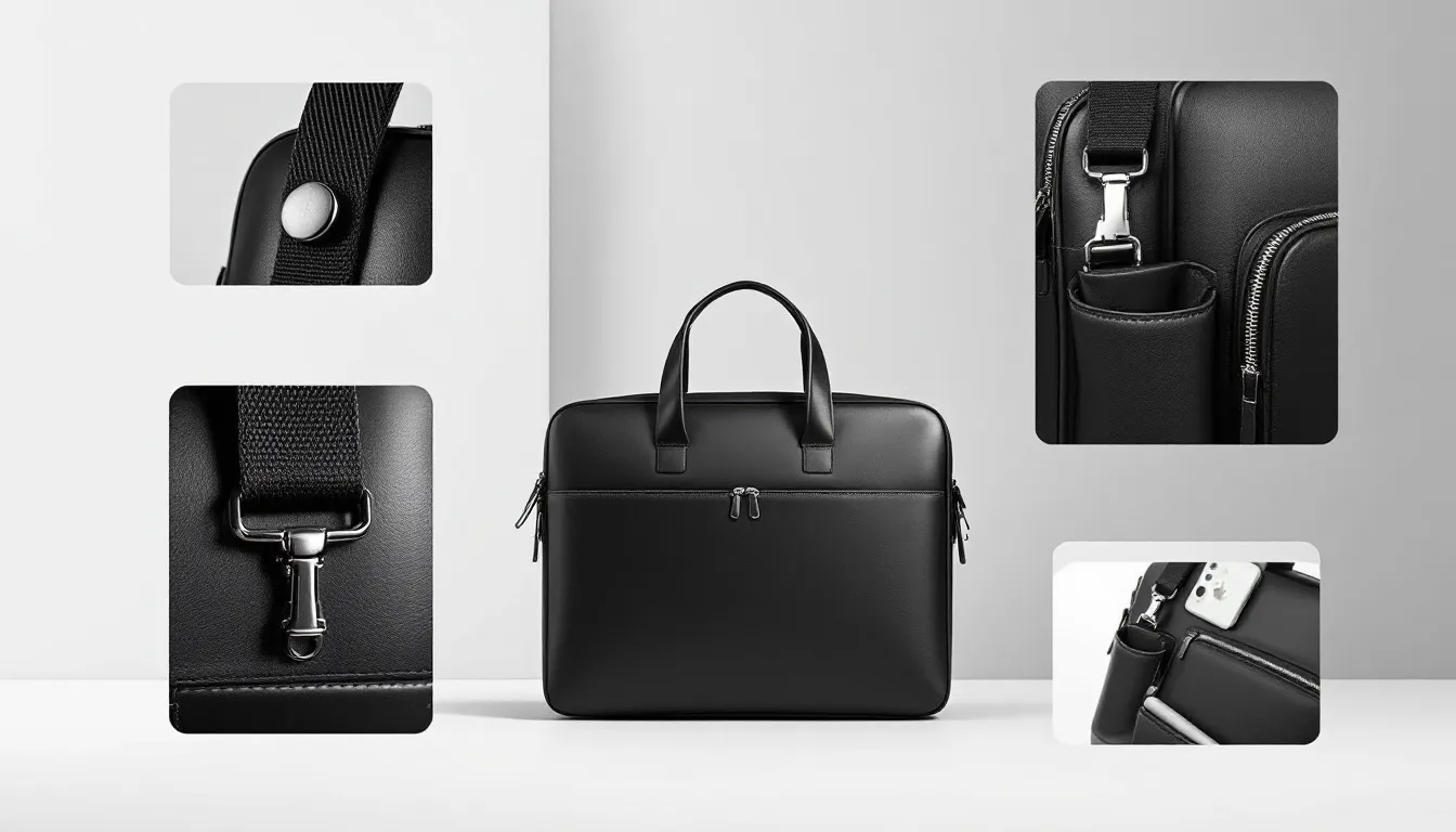Different features of conference bags highlighted in a visual display.