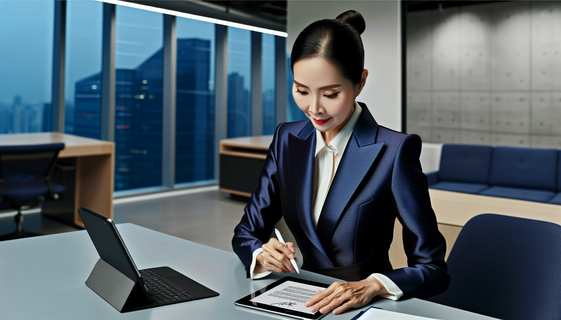 Photo of a business person signing a document using a tablet