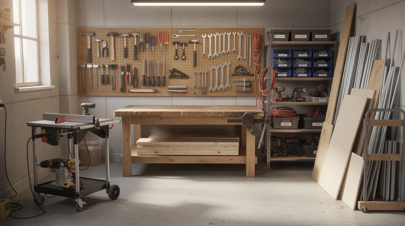 The image depicts a small workshop filled with various tools, equipment, and raw materials organized neatly, representing a space that could be utilized by micro enterprises seeking funding through a mudra loan in India. The arrangement suggests a focus on business efficiency and readiness for applicants looking to explore available loan amounts and eligibility details.