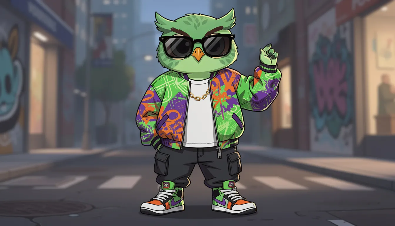 An animated green owl character dressed in trendy streetwear, complete with sunglasses and a vibrant jacket, stands confidently. This playful design embodies a fun approach to learning Spanish, reminiscent of the excitement surrounding the Super Bowl halftime show and the cultural influence of artists like Bad Bunny.