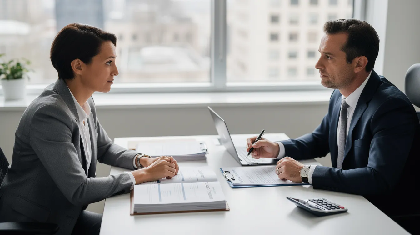 The image shows a small business owner engaged in a discussion with a bank officer at a desk, with various documents, including bank statements and proof of identity, laid out between them. This meeting likely involves assessing the owner's satisfactory credit track record and previous loans, as they explore financial assistance options like mudra loans for their income-generating micro enterprises.