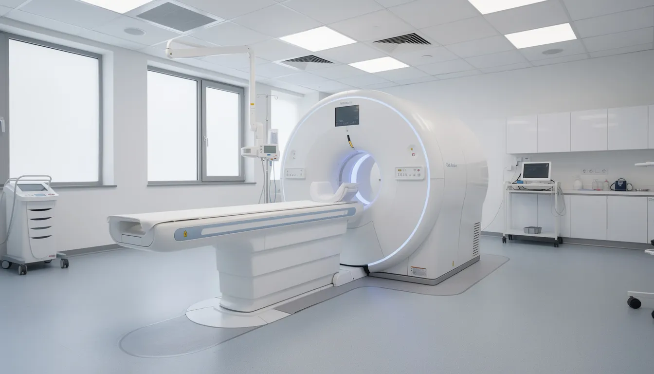 En modern MRI-maskin står i en ljus och ren klinisk miljö, redo för mr undersökningar av hela kroppen. Denna magnetkamera används för att ge detaljerade bilder som hjälper läkare att upptäcka skador och inflammation i mjukdelar och leder, inklusive axeln.