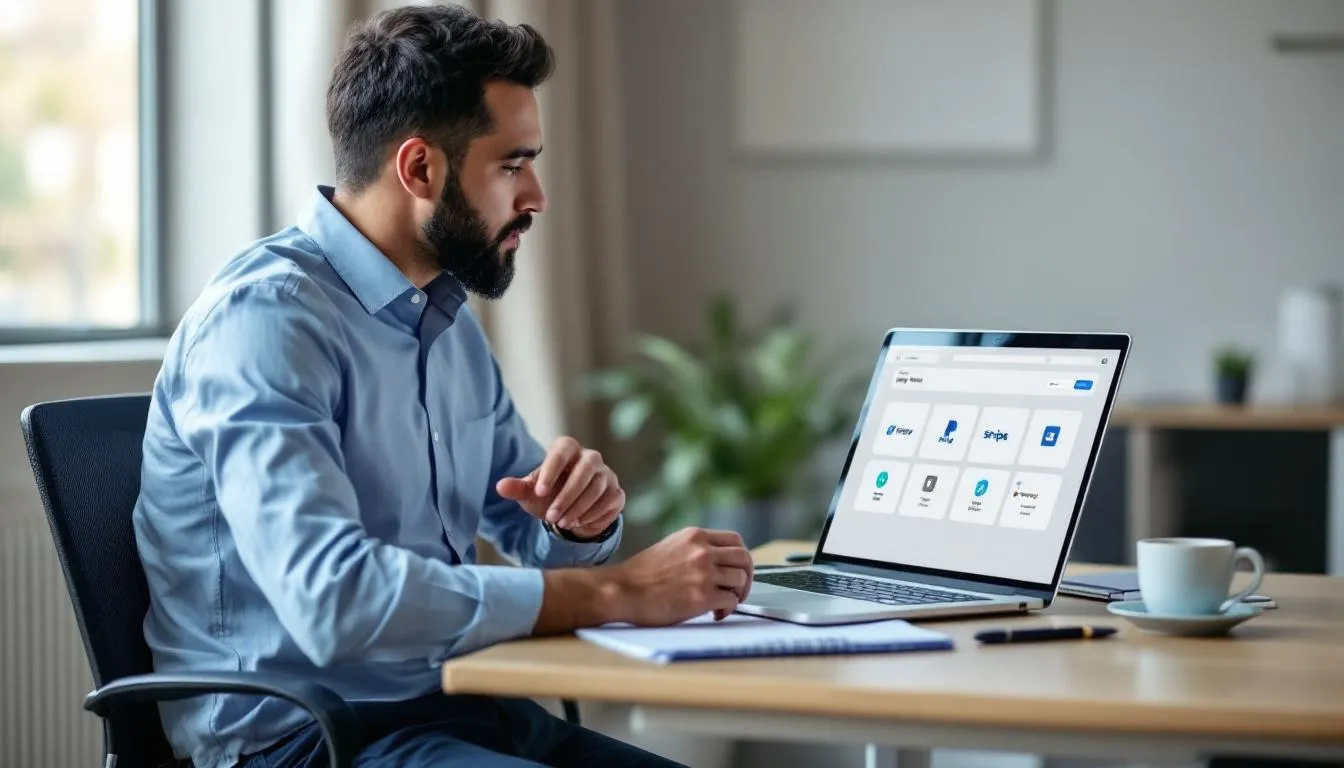 A business owner is seated at a desk, intently reviewing various payment processing options on their laptop, which include details about payment gateways and merchant accounts. The screen displays information on credit card processing fees and the best payment processing companies, indicating a focus on accepting credit card payments for their small business.