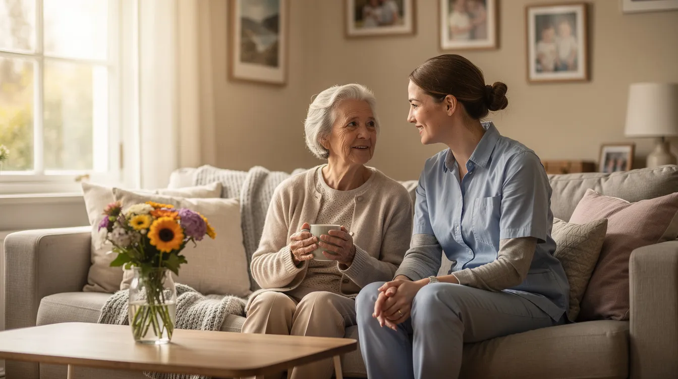 Older adult and caregiver spending time together at home