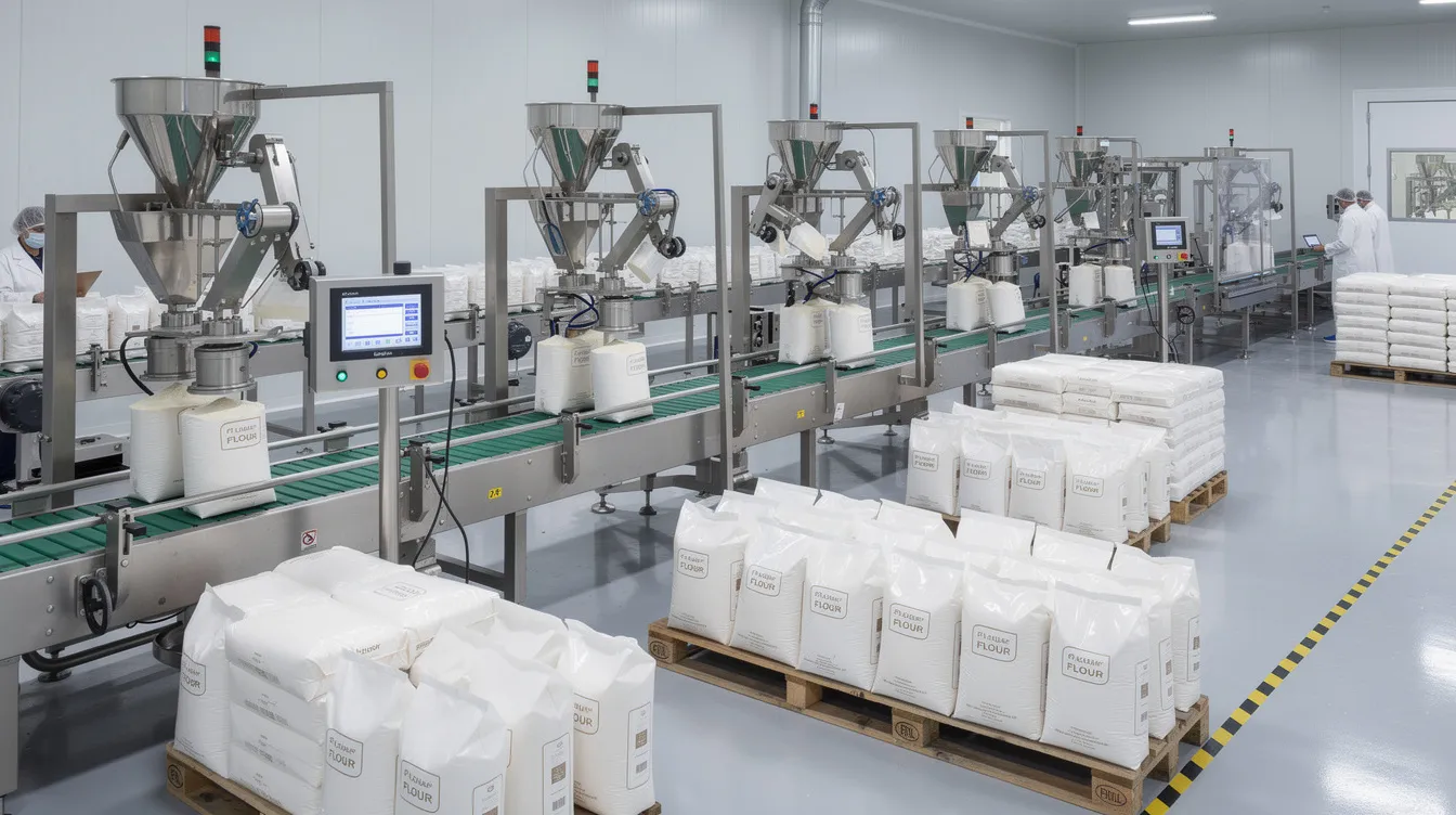 The image depicts an automated flour packaging line within a clean manufacturing plant, featuring conveyor belts transporting sealed bags of wheat flour. Advanced weighing systems are visible, showcasing the efficient flour processing and packaging operations integral to the flour mill's manufacturing process.