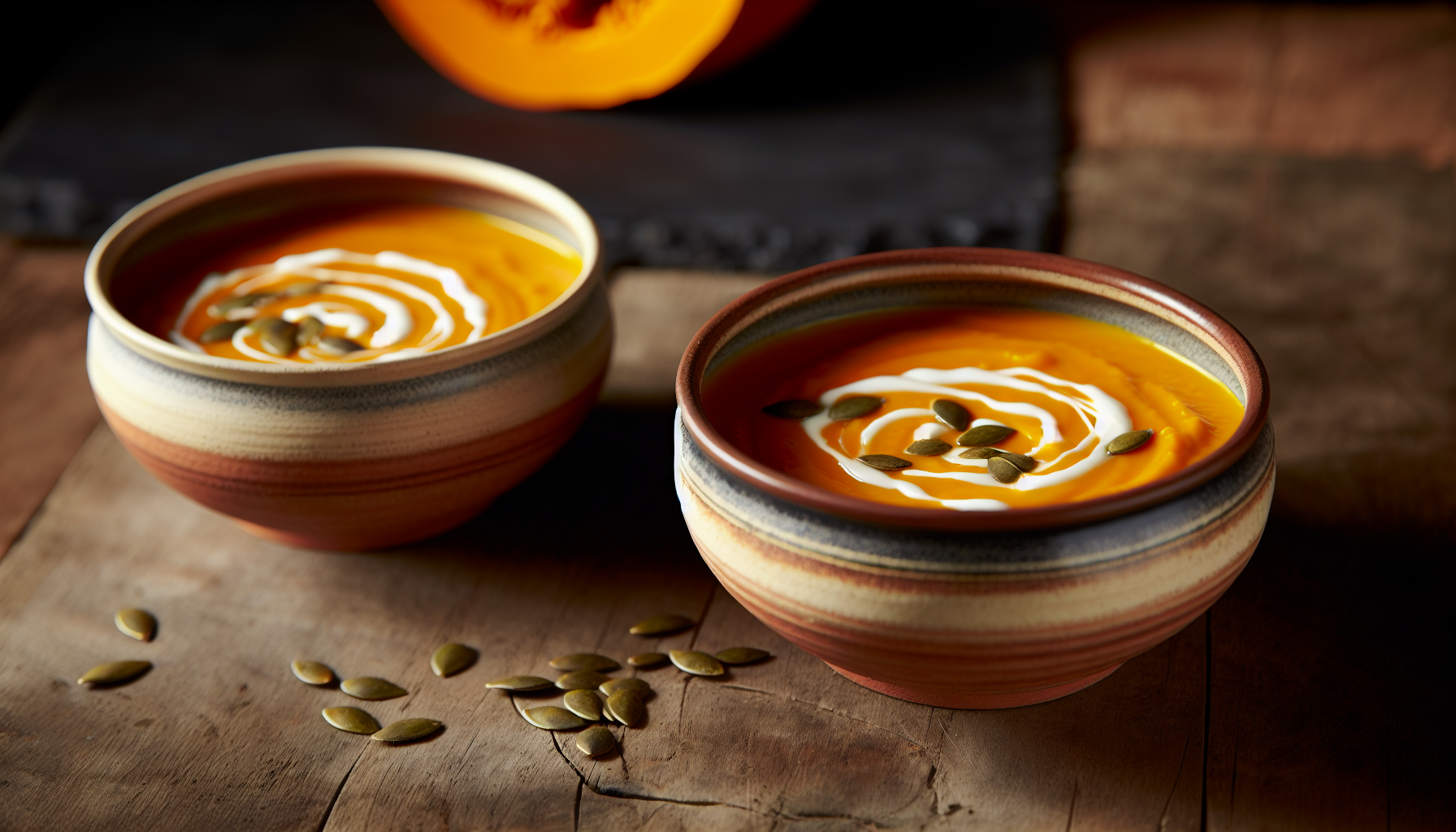 Garnished bowl of pumpkin soup