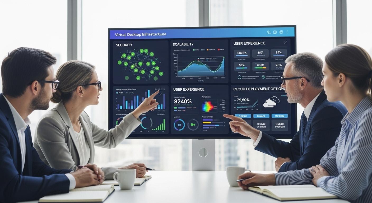 IT decision-makers evaluating a virtual desktop infrastructure platform dashboard, highlighting security, scalability, user experience, and cloud deployment options
