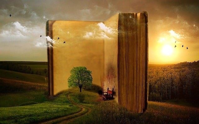 An open book in a field with clouds surrounding it, representing writing life.