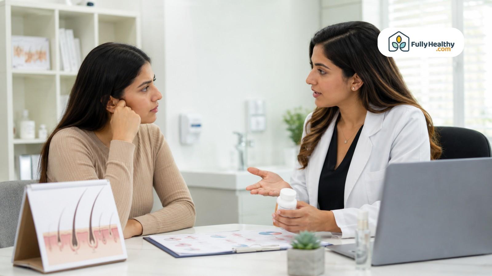Nutritionist discussing supplement bottle with woman during wellness consultation in bright clinic