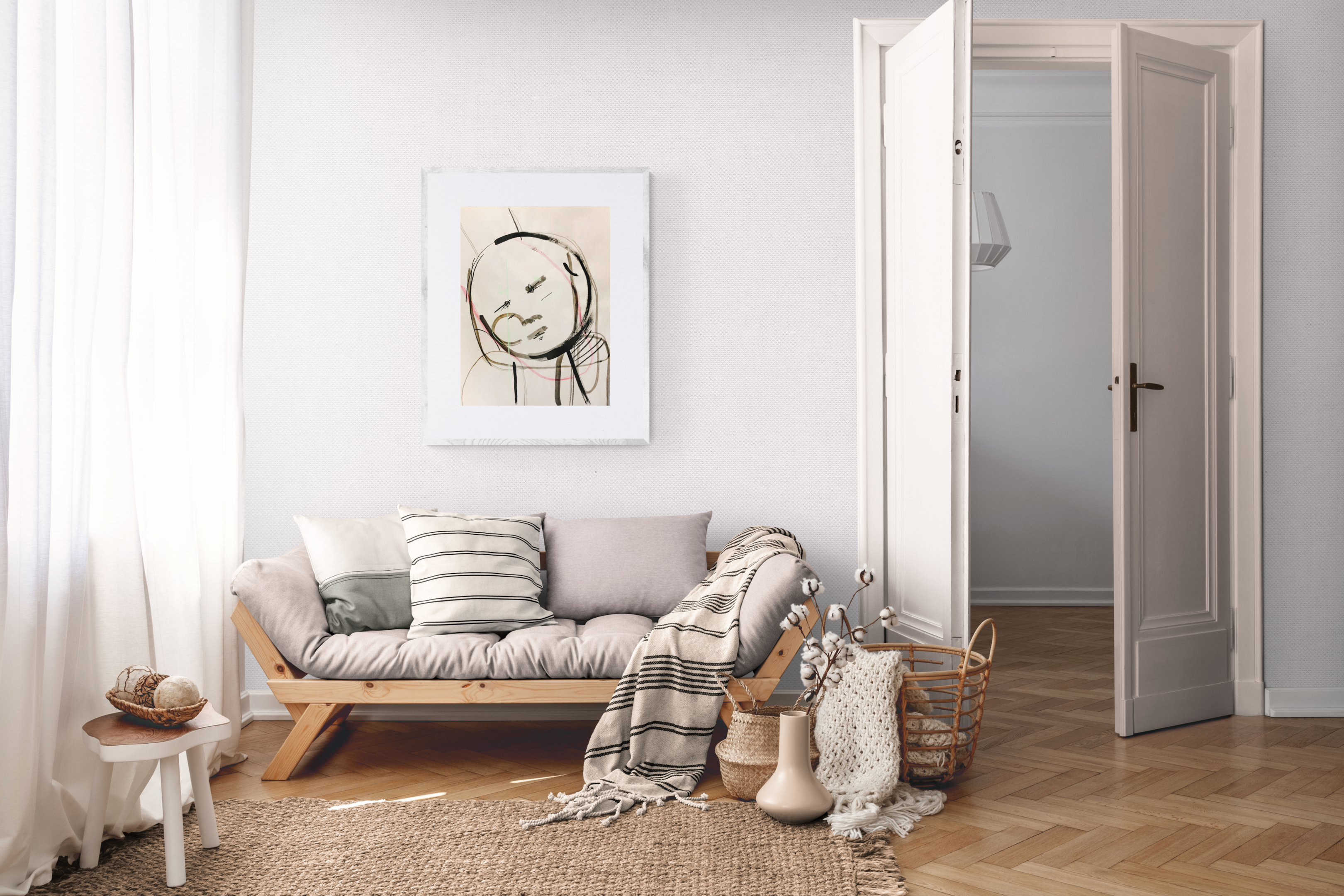 Living space with a neutral palette home decor, and "Untitled [II-2021-02-15-02, bodymaps series]" by Liz Wurzinger