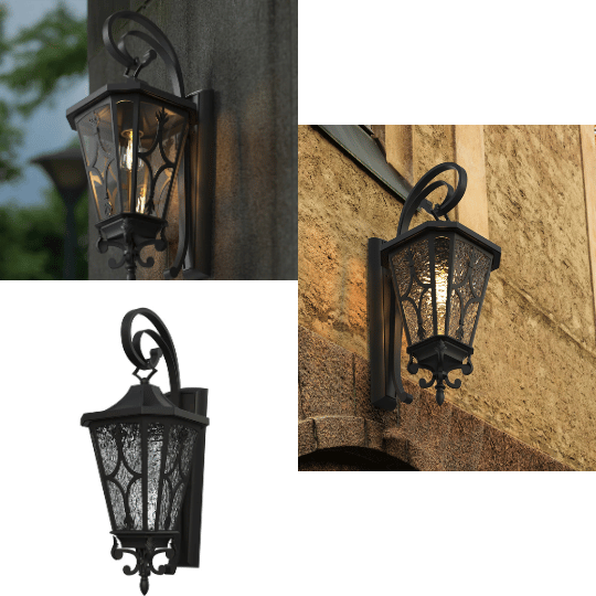Decorative black coach wall lights with ornate scrollwork, textured glass panels, and vintage lantern design, shown mounted on different outdoor walls for elegant exterior lighting.
