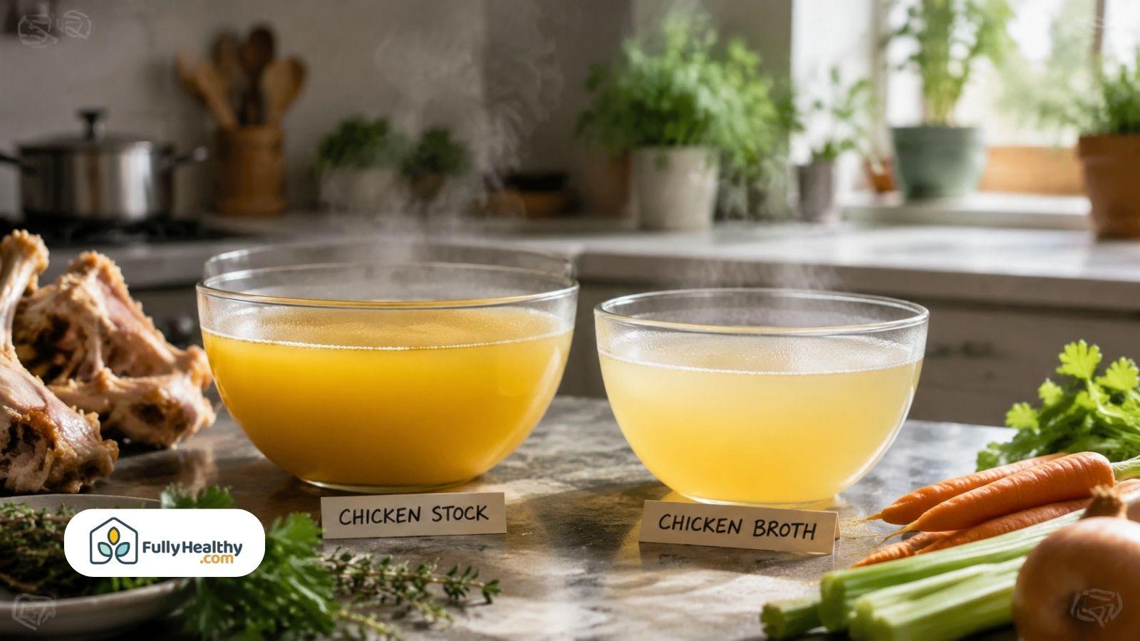 Chicken stock and chicken broth comparison with vegetables and bones