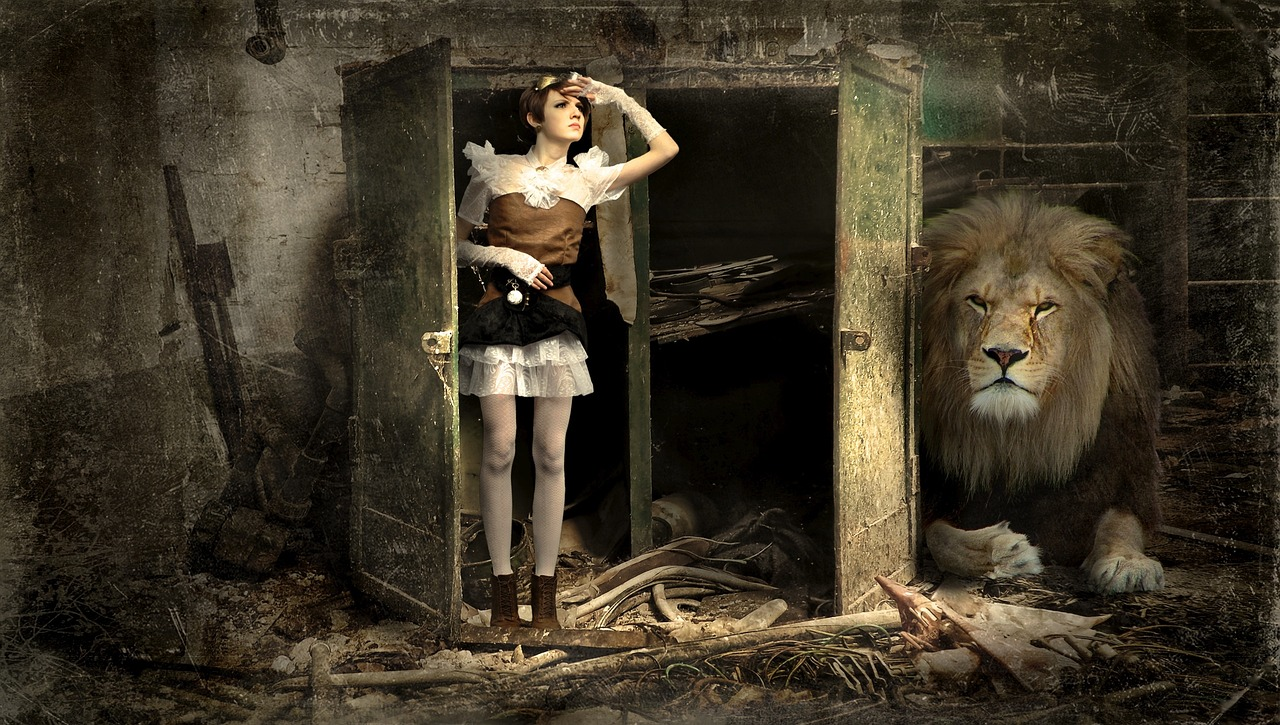 Young woman stepping into a derelict building with a lion hiding behind door