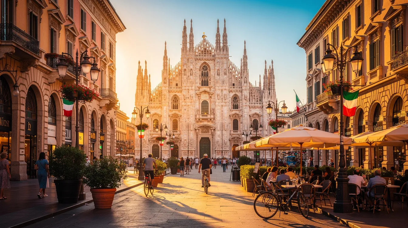 Imagem de uma vista deslumbrante de Milão durante o verão, destacando a arquitetura icônica do Duomo de Milão e a movimentada Galleria Vittorio Emanuele, com pessoas aproveitando o clima ensolarado nas ruas do centro histórico da cidade. A cena captura a essência vibrante da capital da moda na Itália, repleta de vida e cultura.