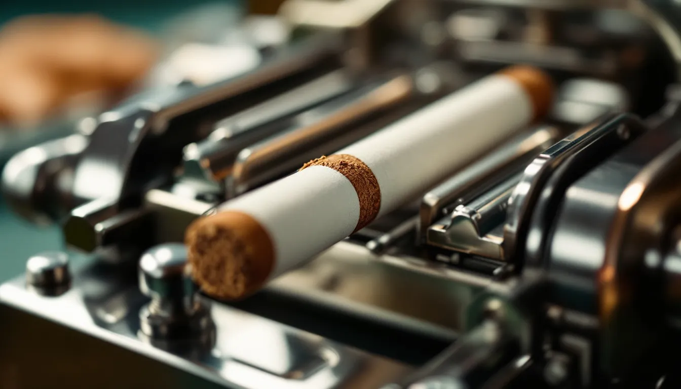 A close-up view of a cigarette rolling machine in action, demonstrating the process of rolling a cigarette.