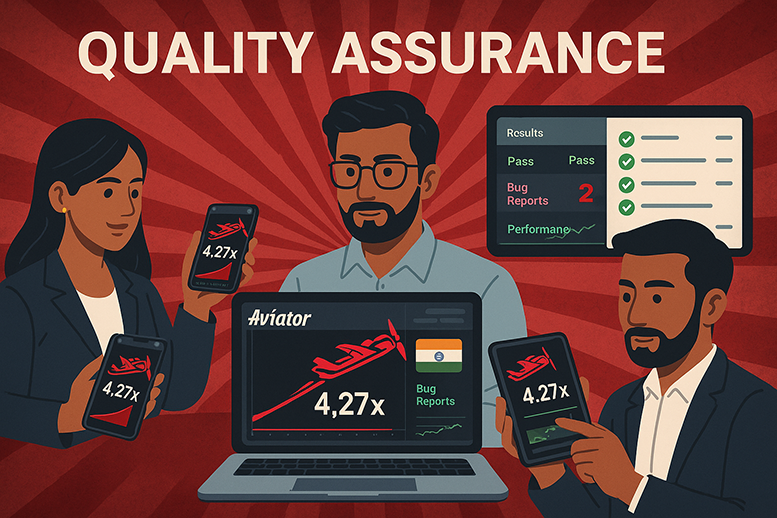 Quality assurance testing process for Aviator casino game showing Indian QA team testing on multiple devices