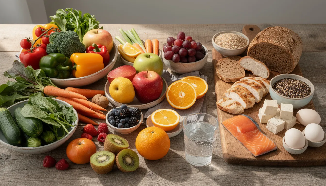 A vibrant arrangement of fresh vegetables, fruits, whole grains, and lean proteins is displayed on a wooden table, alongside a glass of water, highlighting essential nutrients that support overall health and body functions. This balanced diet provides vital vitamins and minerals, promoting a strong immune system and optimal brain health.