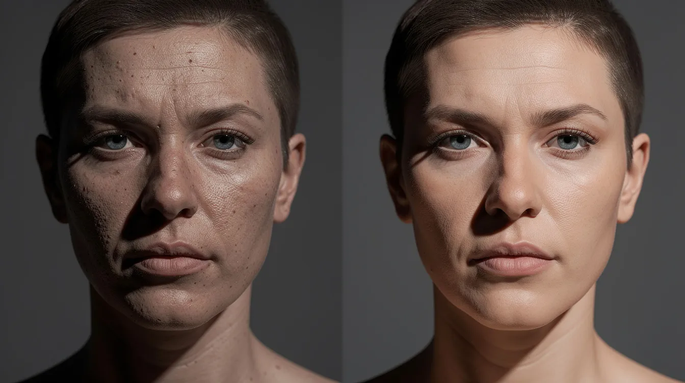 Die Abbildung zeigt zwei Nahaufnahmen eines Gesichts nebeneinander: Links ist das Gesicht mit hartem Licht und scharfen Schatten beleuchtet, während rechts weiches, diffuses Licht für sanfte Übergänge sorgt. Diese unterschiedlichen Lichtsetzungen verdeutlichen die Wirkung von Beleuchtung in der Portraitfotografie.