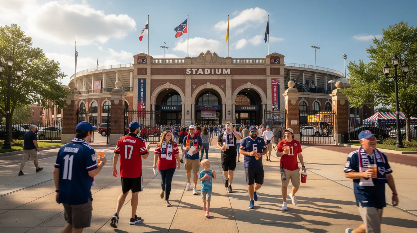 The image shows the exterior of a large historic football stadium bustling with crowds of enthusiastic fans approaching the entrance on a sunny day, likely in anticipation of matches in the upcoming FIFA World Cup 2026 tournament. The vibrant atmosphere reflects the excitement of the event as supporters gather to cheer for their teams.