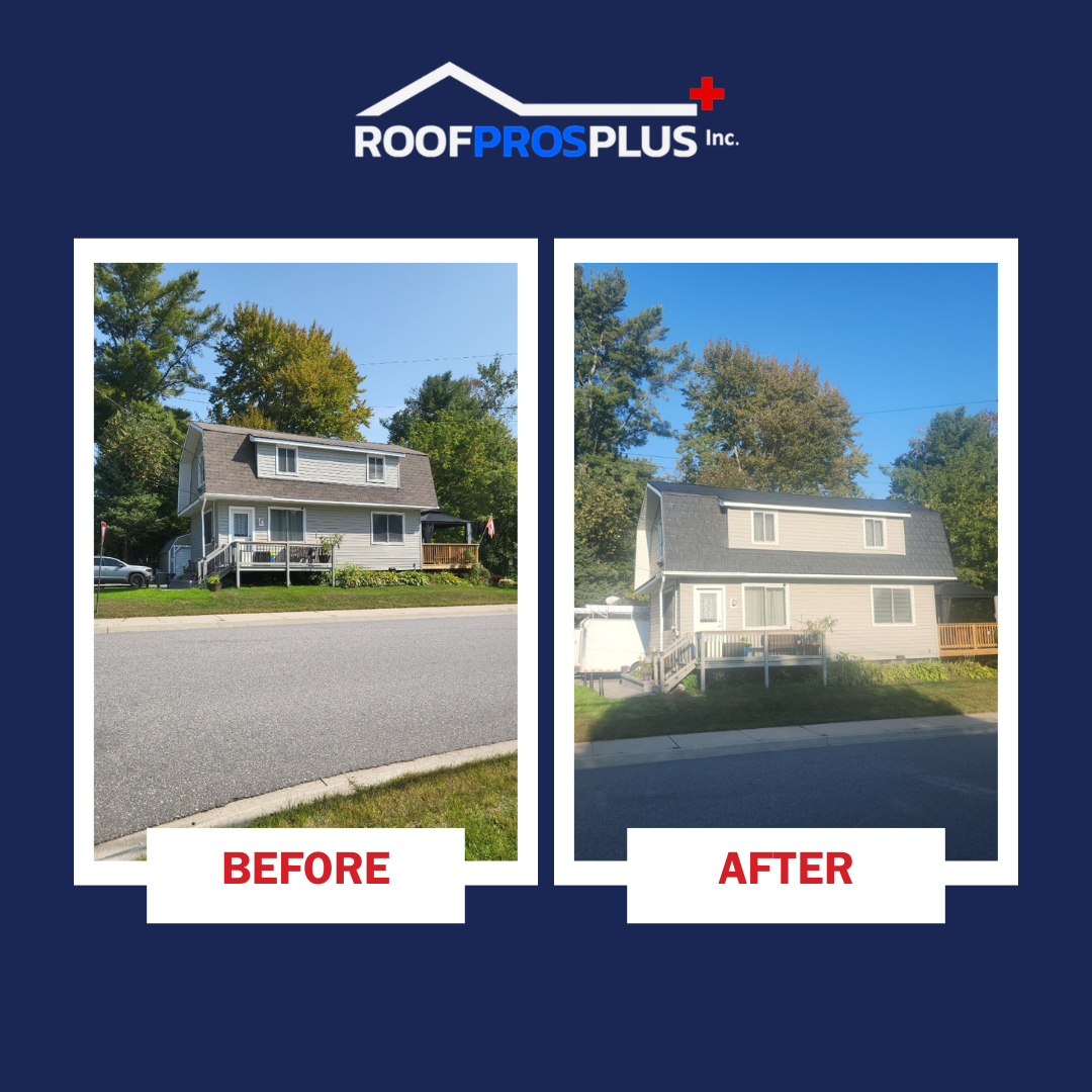 A split image shows a house before and after roof replacement by RoofProsPlus. The "Before" side features an old roof; the "After" side shows a new, darker metal roof.