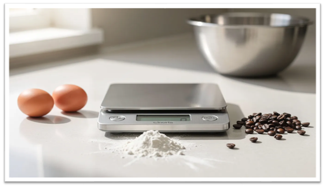 A compact digital kitchen scale sits on a countertop, surrounded by flour, eggs, coffee beans, and a large mixing bowl. The scale features a clear display and tare function, making it an accurate tool for home cooks measuring ingredients for baking and cooking.