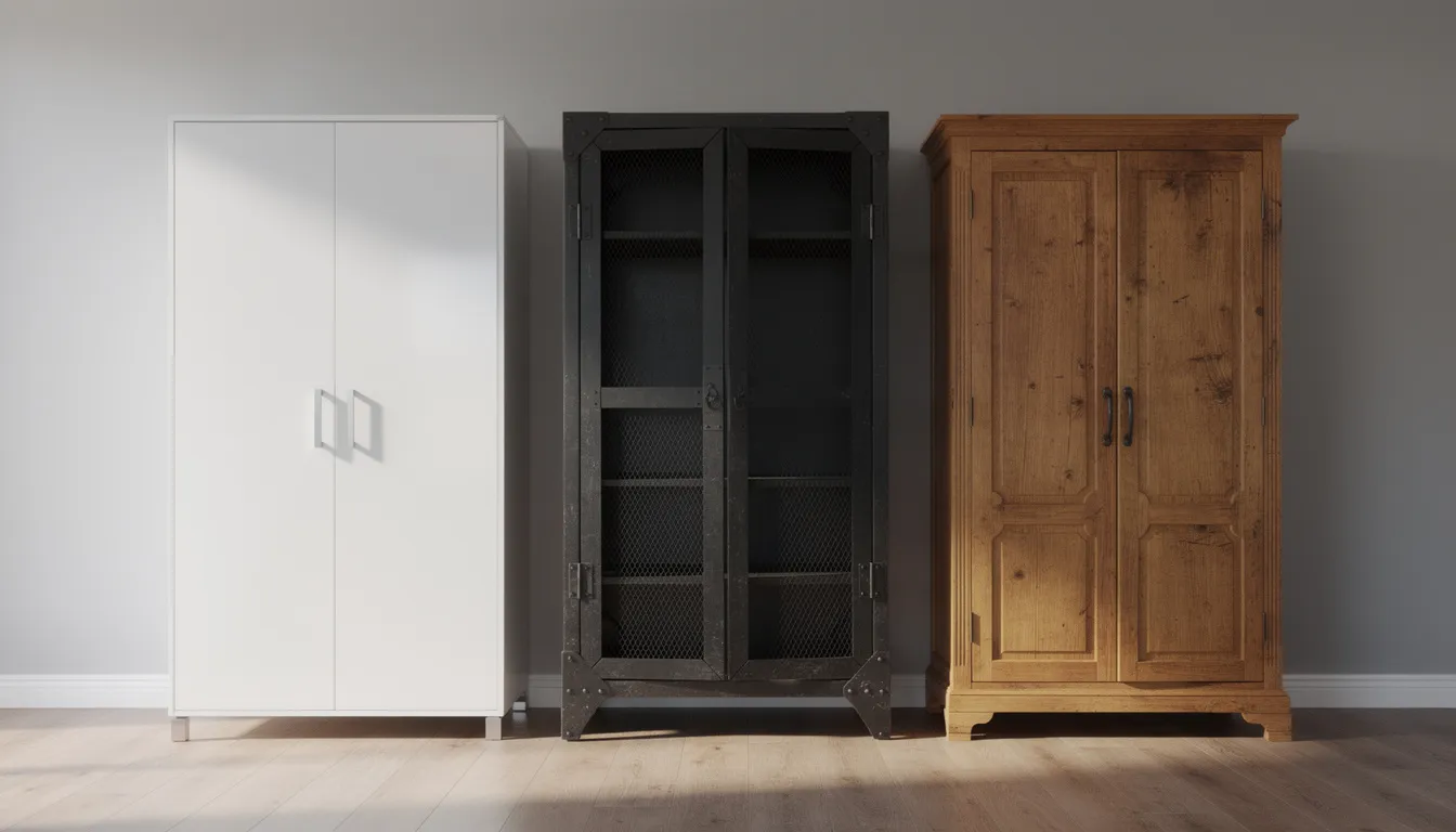 Garderobekast hal: maatwerk oplossingen voor een opgeruimde entree Drie verschillende garderobekasten staan naast elkaar in een ruime hal: een moderne witte kast met een strakke afwerking, een industriële zwarte kast van metaal en een landelijke houten kast van eikenhout. Elke kast biedt praktische opbergruimte voor jassen, schoenen en accessoires, en is ontworpen in verschillende stijlen om aan ieders wensen te voldoen.