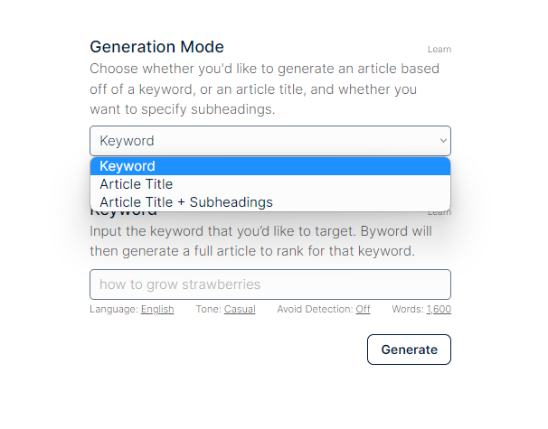 Image of Byword article creation modes