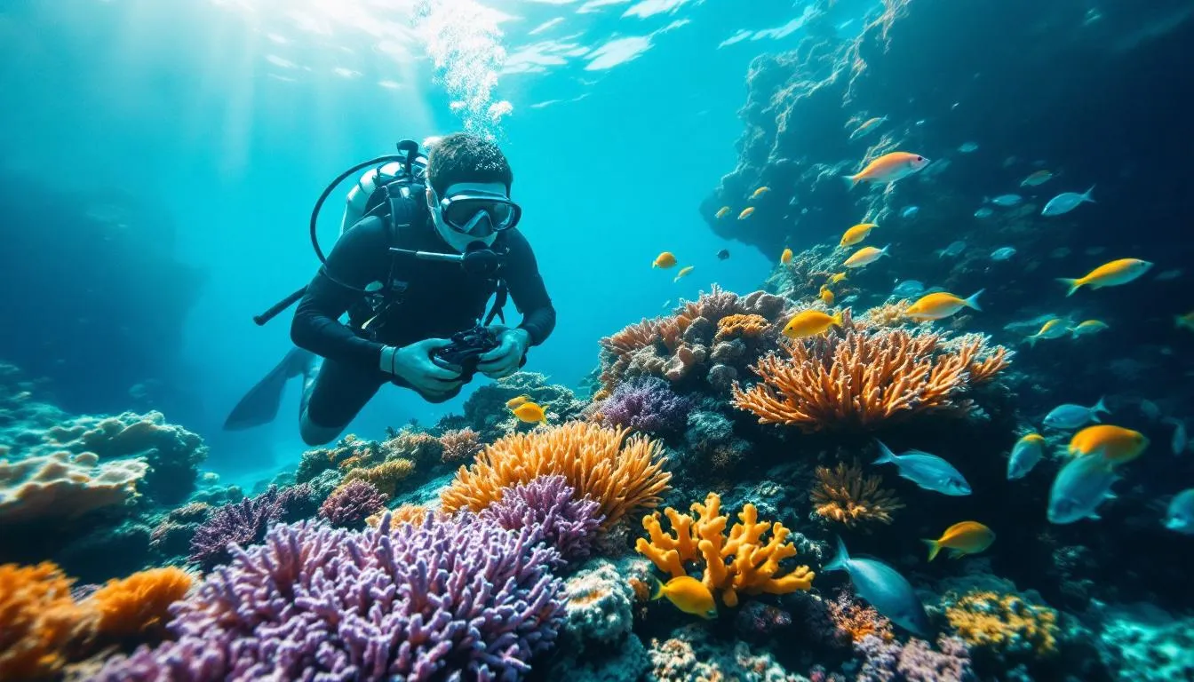 A professional scuba diver is exploring a vibrant coral reef underwater, surrounded by an array of colorful marine life. This scene highlights the beauty of the scuba diving industry, which can attract potential guests and encourage direct bookings through effective digital marketing strategies.
