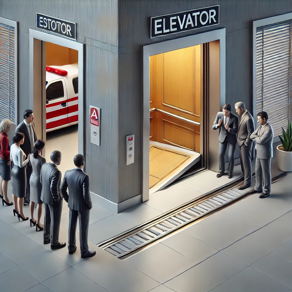 An elevator malfunction with passengers looking concerned