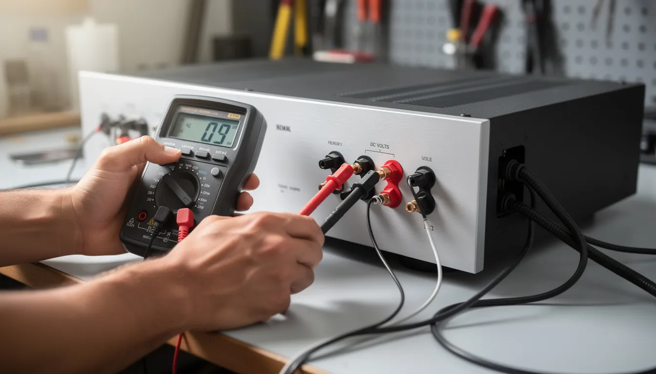 The image shows hands holding multimeter probes as they measure the output voltage at the amplifier speaker terminals, ensuring the system is tuned correctly to prevent distortion and achieve the desired sound quality in a car stereo setup. The background suggests a focus on optimizing the head unit volume and amplifier gain for maximum audio performance.