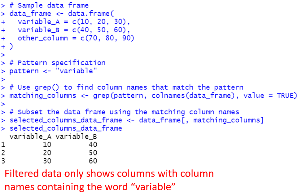 Selecting Dataframe columns using grep()