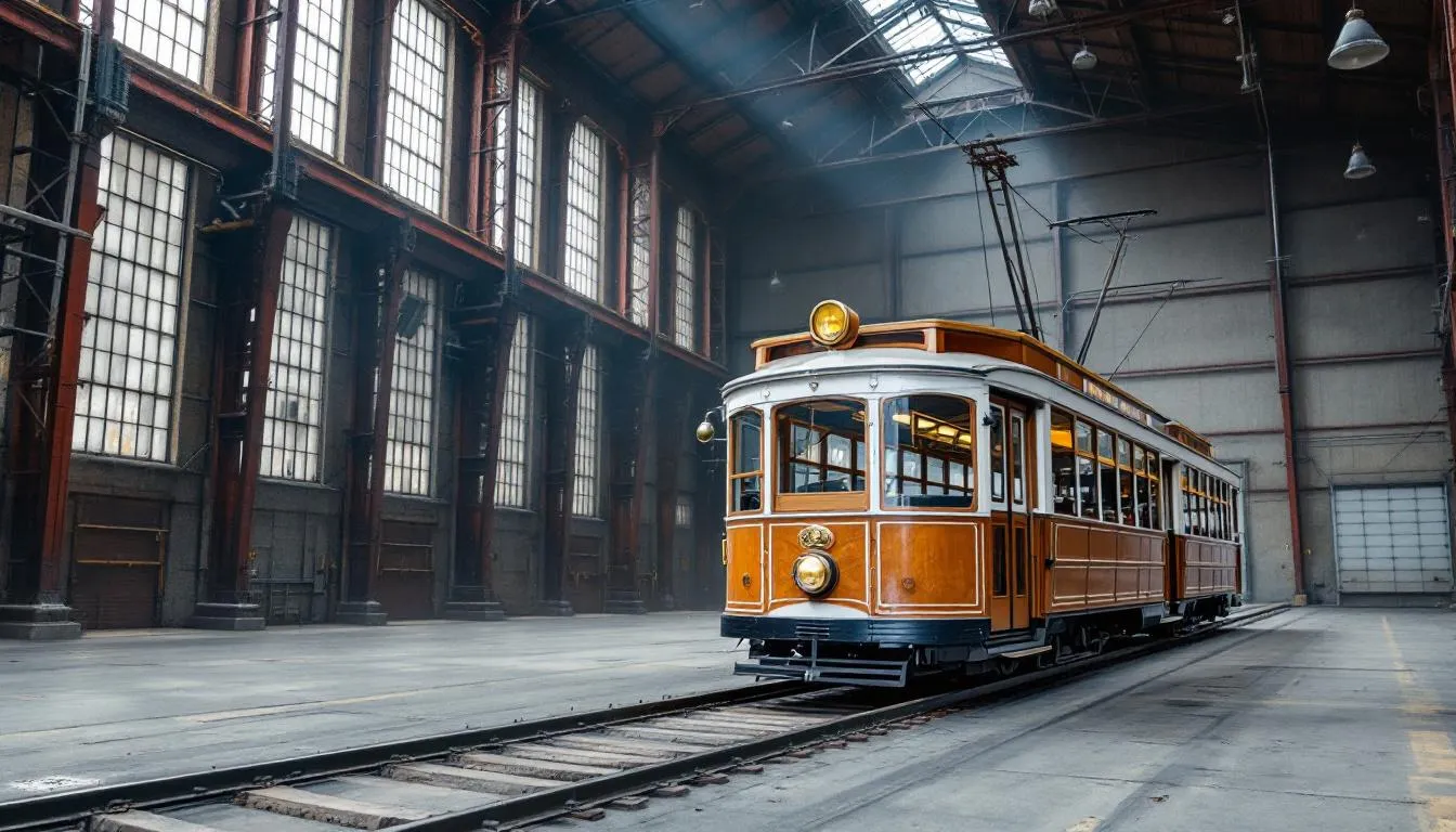 In einem beeindruckenden Industriegebäude mit hohen Decken steht eine historische Straßenbahn, die eine nostalgische Atmosphäre schafft. Diese besondere Location könnte eine charmante Wahl für Hochzeiten in Stuttgart und der Umgebung sein, ideal für Brautpaare, die nach einzigartigen Hochzeitslocations suchen.