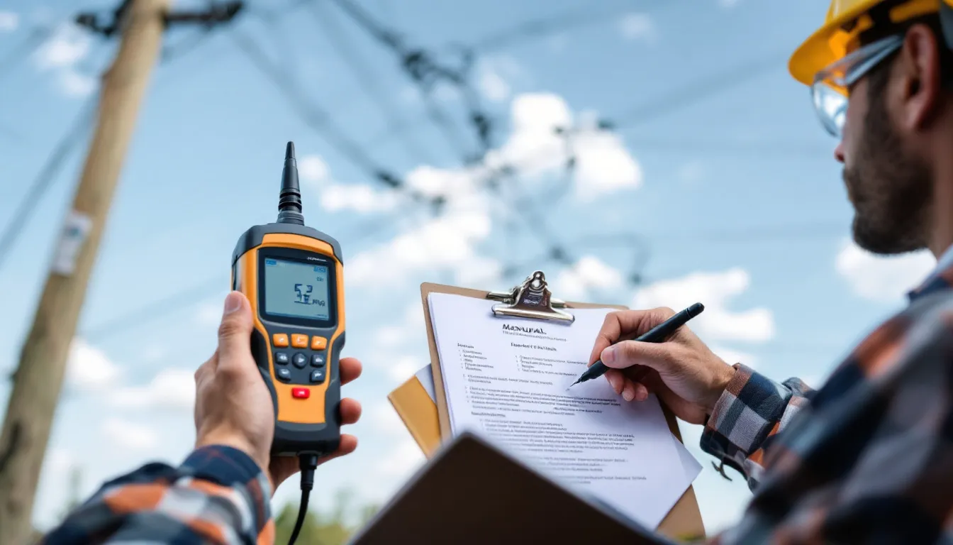 An EMF meter being used to measure electromagnetic fields near power lines.