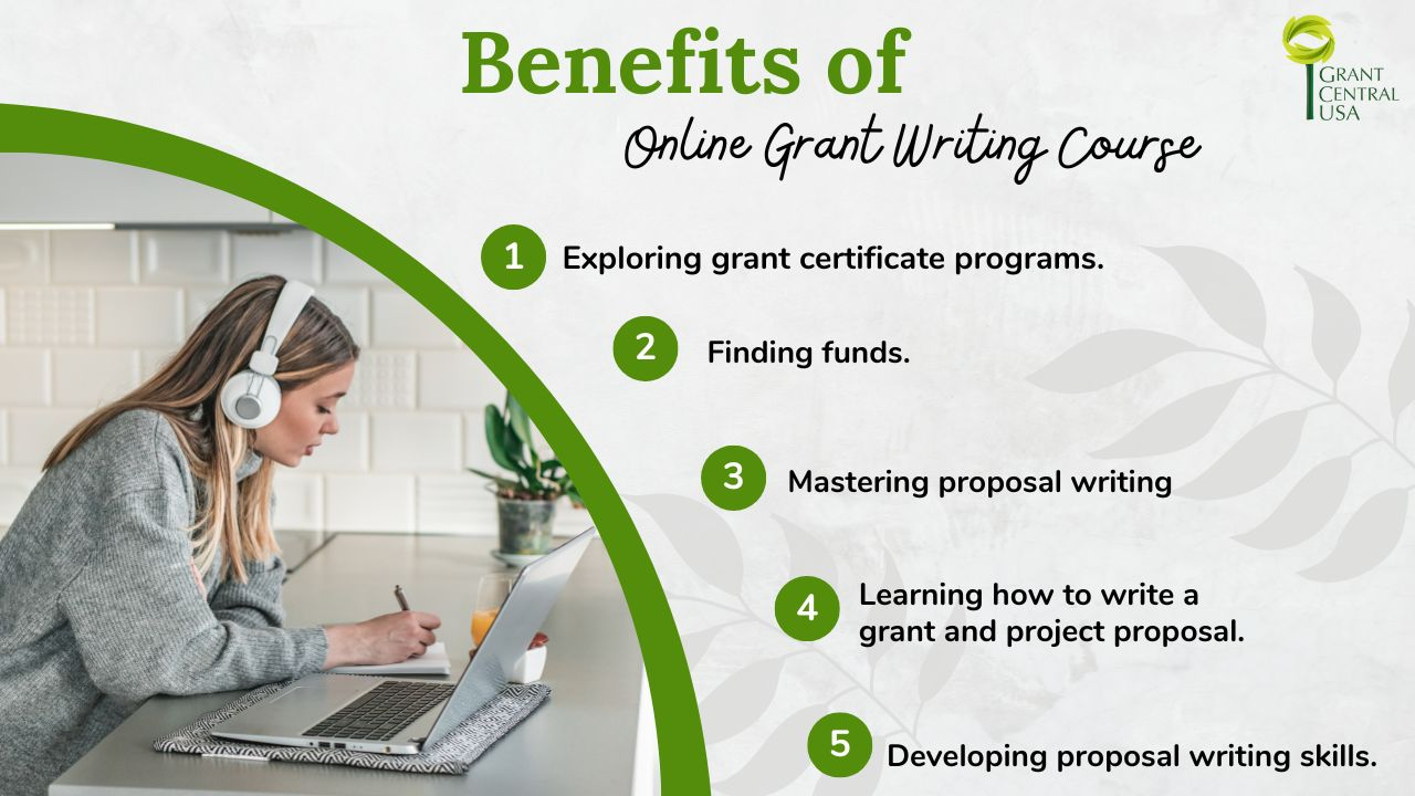 Grant writer working on a computer and the advantages of taking an online writing course. 