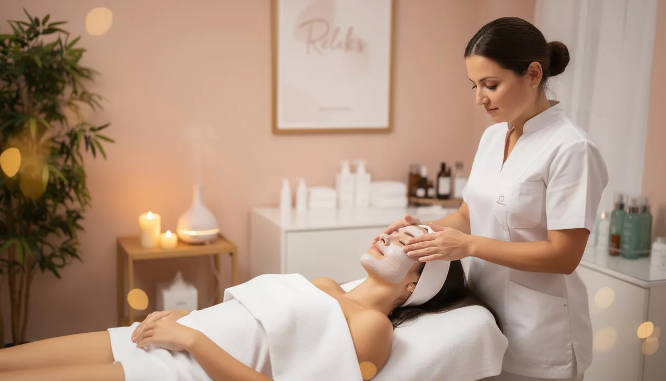 W gabinecie kosmetycznym panuje relaksująca atmosfera, podczas gdy specjalista wykonuje zabieg na twarz, skupiając się na usuwaniu zmian skórnych. Klientka leży na wygodnym stole, a w tle słychać delikatną muzykę, co sprzyja odprężeniu i komfortowi podczas procedury.