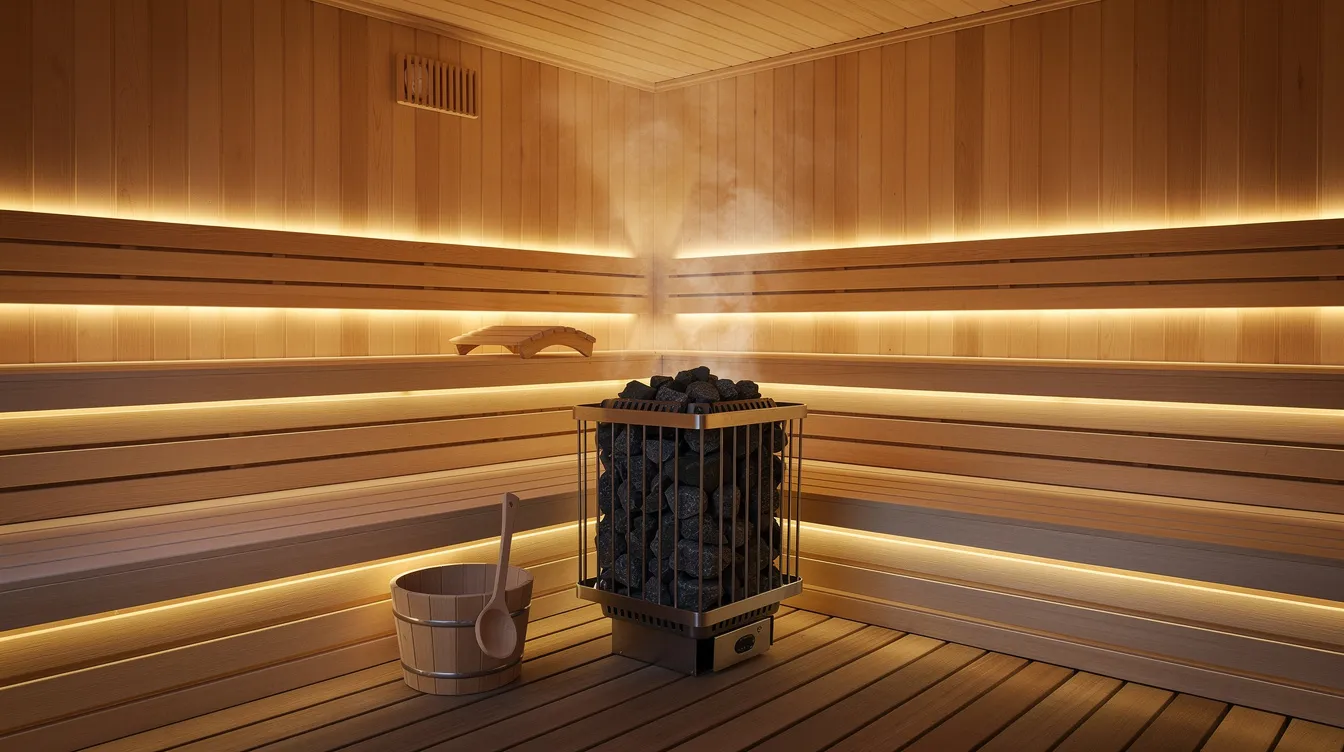 Wood-lined sauna interior with warm lighting and natural wood benches