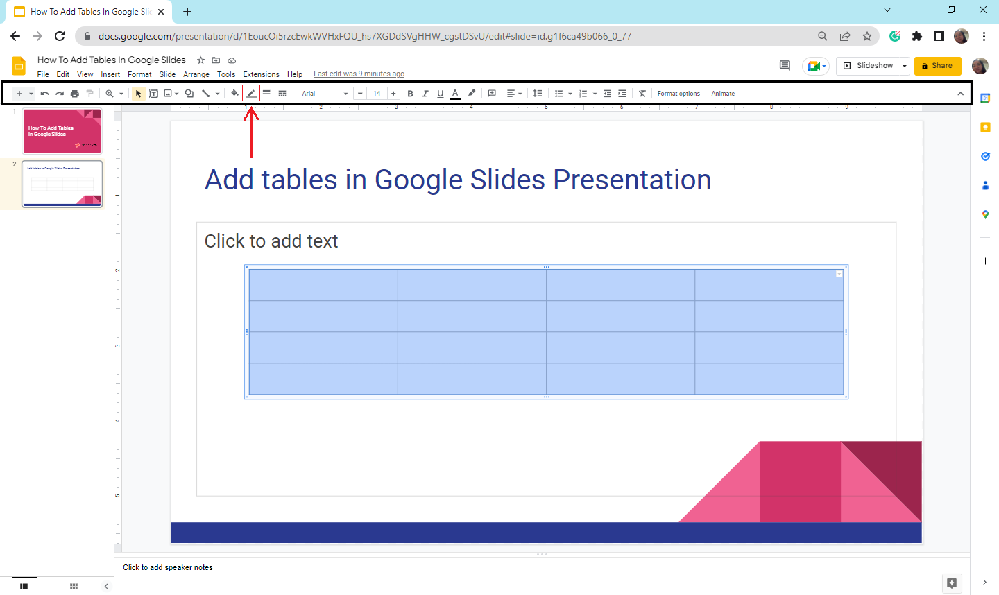 In the toolbar section, select "Border-color" to change the color of your whole table.