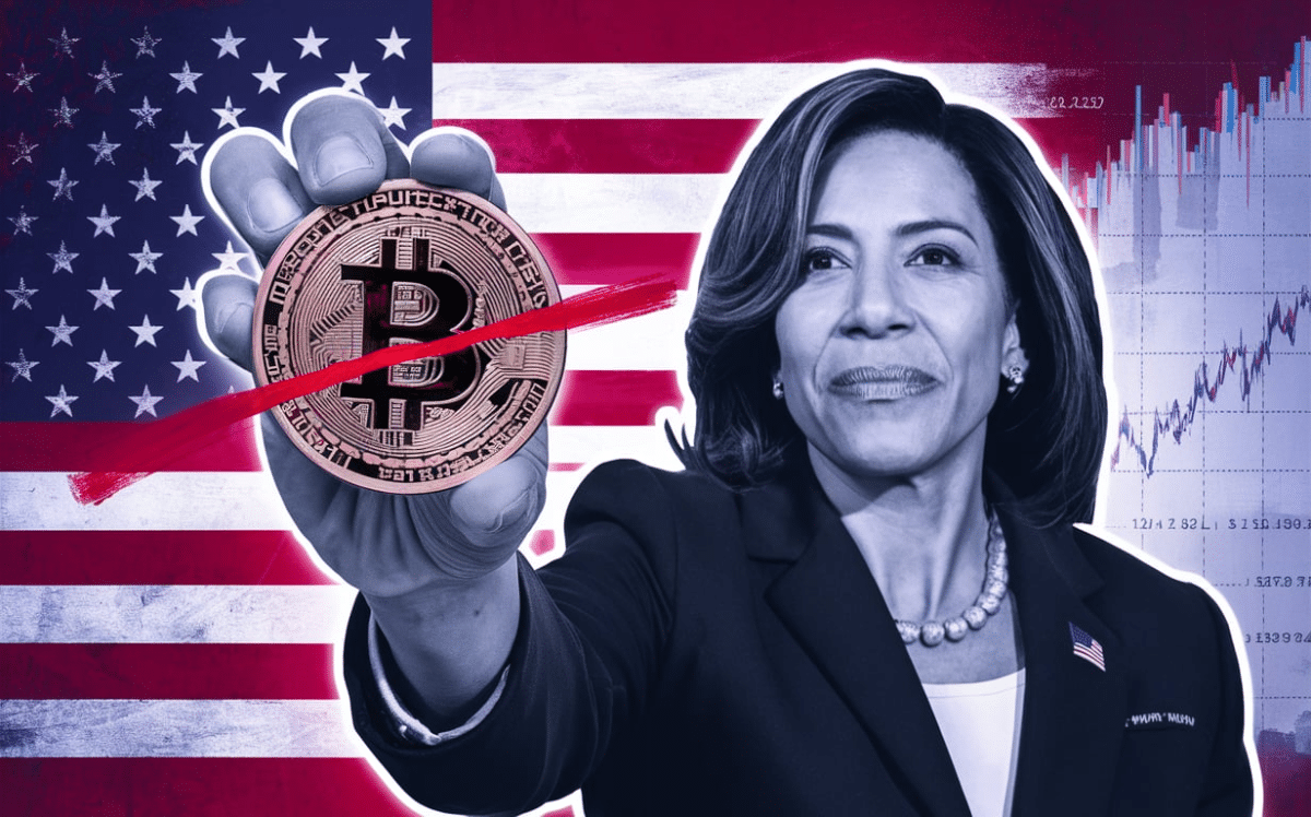 Image of Kamala Harris holding up a Bitcoin coin in front of USA flag.